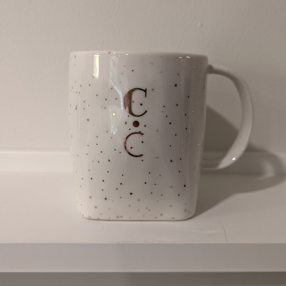 White "C" Monogram Mug with Gold Dots and Lettering